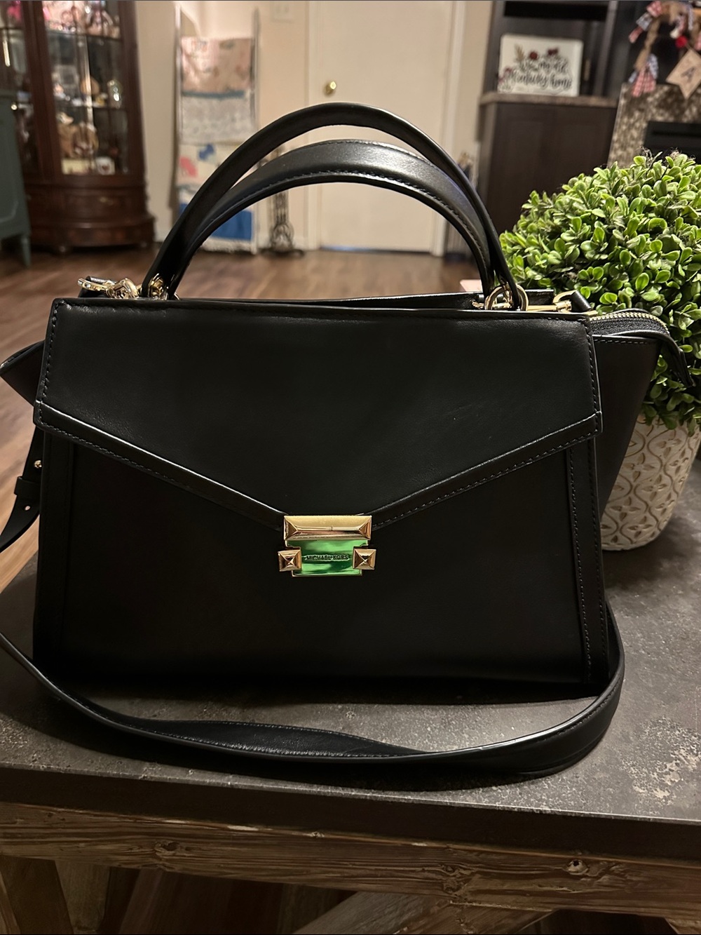 Michael Kors Black Leather Top-Handle Satchel with Gold Hardware